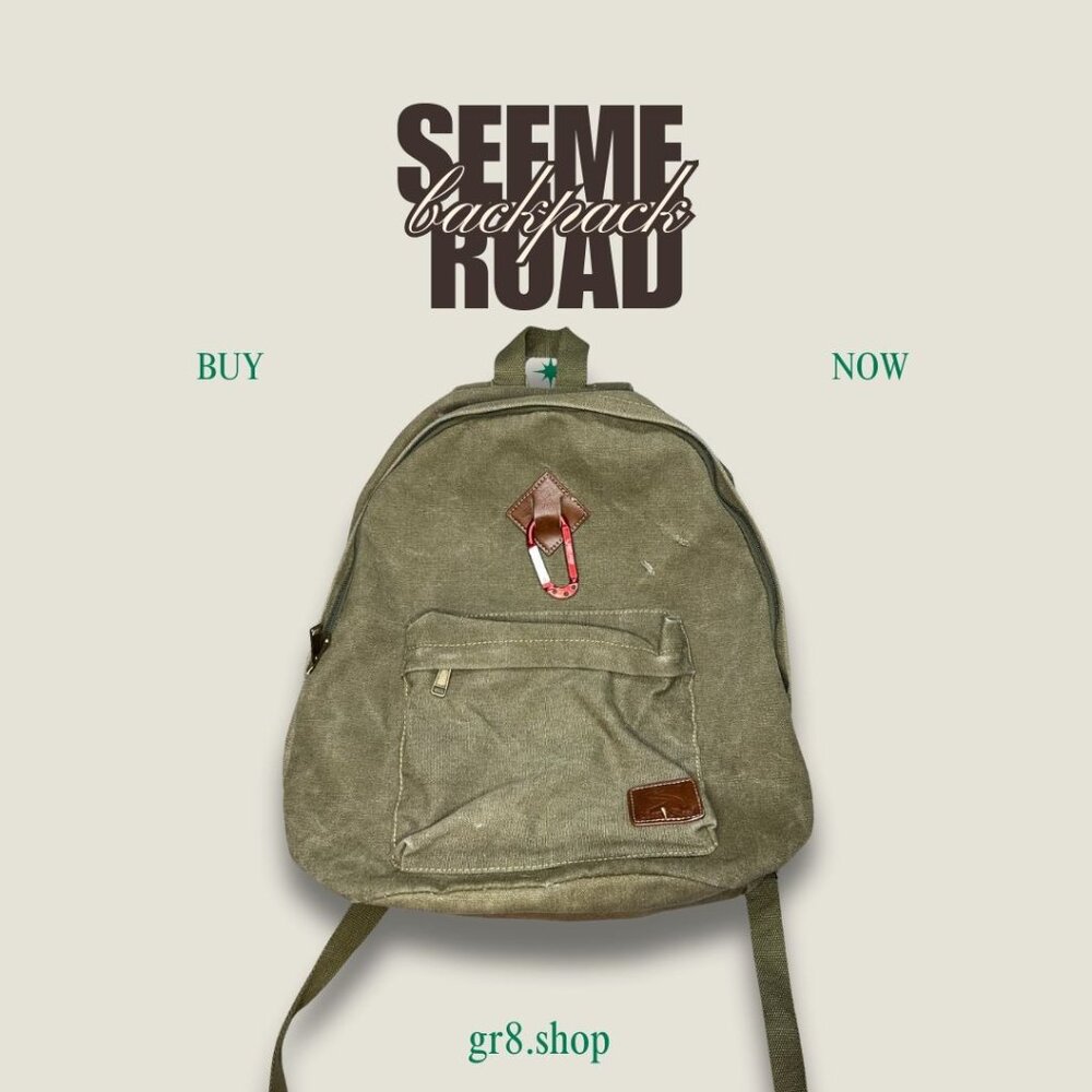Olive Green Canvas Backpack With Front Pocket & Carabiner Clip